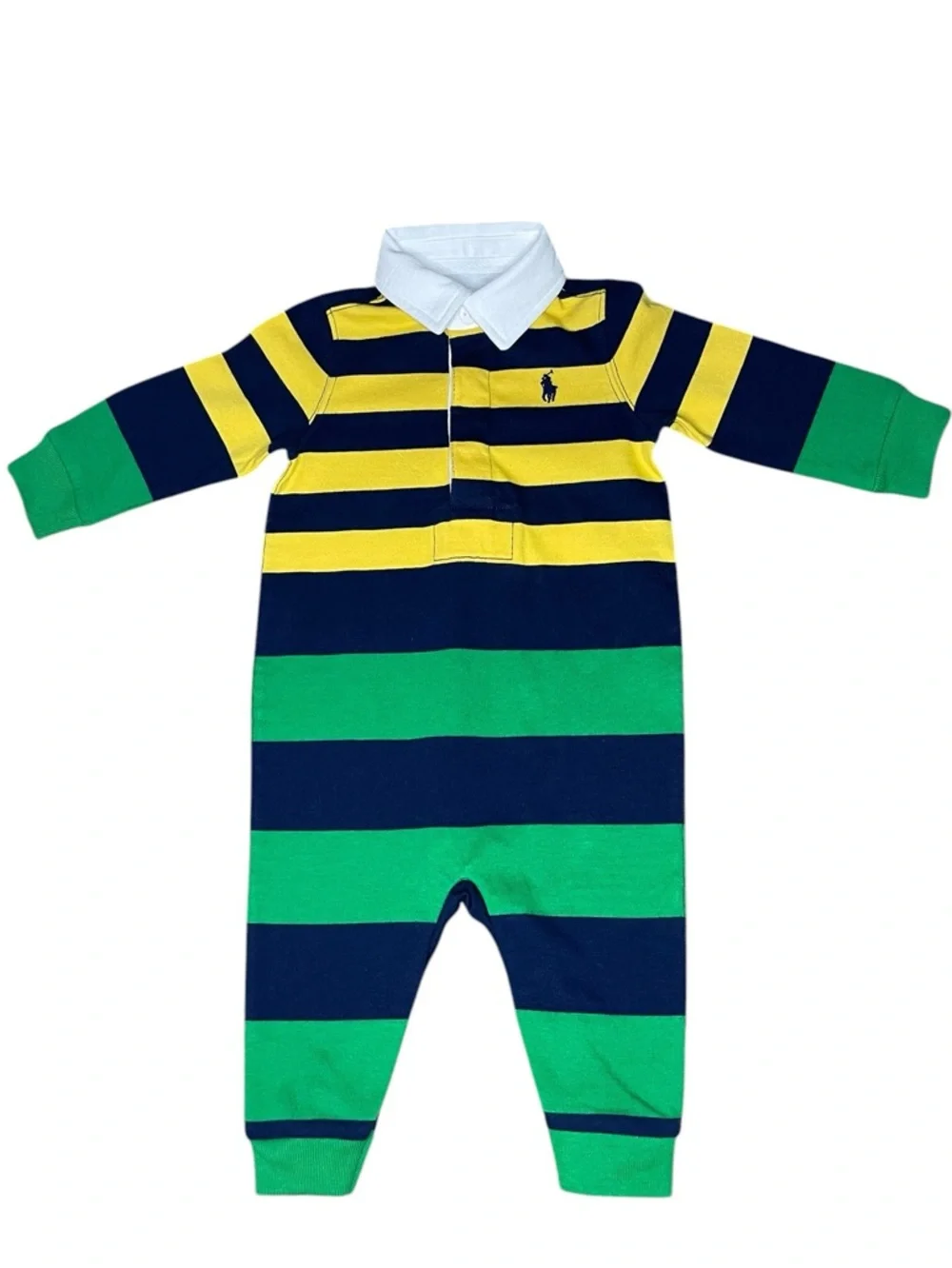 Ralph Lauren Blue, Green, & Yellow Rugby Coverall/Romper- 6 Months